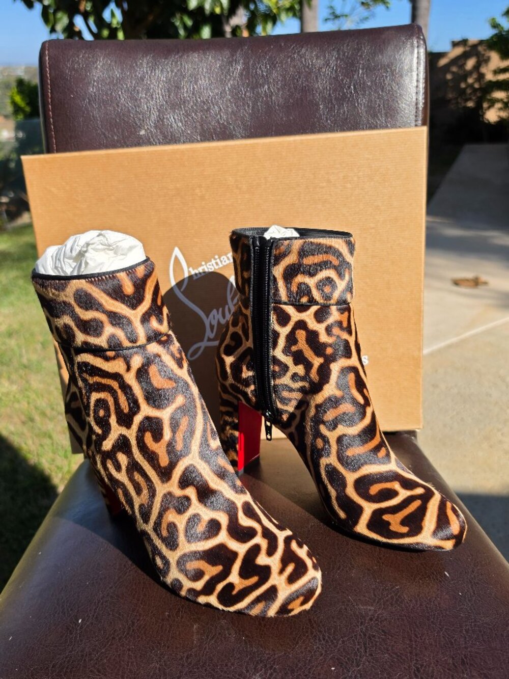 LOUBOUTIN Moulamax 85 Pony Miaou Leopard Calf Hair Booties 38 Red Sole w/ Box